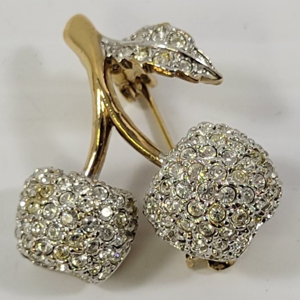 *B) NADRI Cherry Fruit Clear Rhinestone Pave Brooch Gold Tone Pin